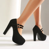 Sexy Black Faux Suede Double Buckle Straps Platform Mary Jane Pumps High Heels Wedding Club Daily Dress Shoes Women Plus Size 48