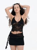 Women Lace Flower 2 Piece Sets Sleeveless Corset Cami Tops + Cut Out Tie-up Mini Skirts Sets Sexy Streewear