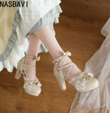 New Lolita Japanese Pearl Bow Sweet Cute Strap 9cm High Heeled Round Head Student Shoes Girls Vintage Sandals Single shoes 33-46