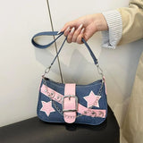 Fashion Women's Handbags Denim Stars Pattern Cool Girls Underarm Bag Female Small Shoulder Hobo Bags Chain Tote Bag