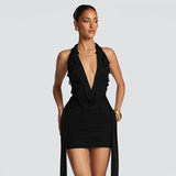 FDYOUI Elegant Halter Neck Water Drop Decoration Party Club Dress for Women 2026 Backless Bandage Folds Short Evening Dresses