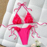 Women's Erotic Naughty Lingerie Sets Halter Neck 3D Mesh Flower Bra and Tie Up Thong