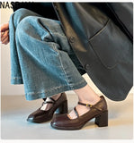 6cm Heel Genuine Cowhide Women's Single Shoes French Mary Janes Soft Leather Round Toe Summer Girls Princess Dress Shoes Brown