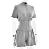 FDYOUI New 2026 Summer Zip-up Corset Playsuits Women Casual Short Sleeve Sports Fitness Overalls One Piece Tunics Yoga Bodysuit