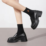 Brown Pu Leather Platform Loafers for Women British Style Round Toe Thick Heel Pumps Woman Slip On High Heels Office Shoes Lady