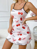Valentine's Day Cherry Printed Slip Nightdress Women Sexy Sleepwear Straps Sleep Mini Dress Nighties Nightgown Loungewear