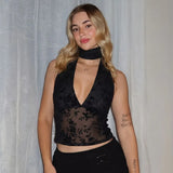 FDYOUI Woman Clothes Elegant Bandage Mesh Corset Tops 2026 Female Halter V-neck Lace-up Tank Top Black T-shirt Y2K Streetwear
