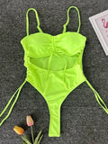 Neon Green Tummy Cut Out Female Swimwear One Piece Swimsuit Women Thong String Monokini High Leg Cut Bathing Suit Swim Bodysuit