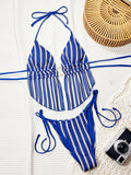 DEKA Knit Beads Blue Striped Bikinis Sets Two Pieces Halter Thong Swimsuit Bathing Suit Back Tie Swimwear Biquini Tankini Trikin