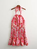 Sexy Red Floral Print Backless Summer Women Boho Mini Dress Bodycon Sleeveless Beach Lace Up Bowknot Dropshipping Dress Sundress
