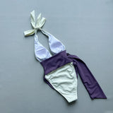2026 New Summer Patchwork One-piece Suit Swimwear Women Sexy Deep V Neck Halter Lace-up Swimsuit High Waist Bodysuit Beachwear