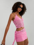 Women Lace Flower 2 Piece Sets Sleeveless Corset Cami Tops + Cut Out Tie-up Mini Skirts Sets Sexy Streewear