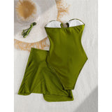 XS - L 6 Colors One Piece Swimsuit Female With Skirt Cut Out Women Swimwear Bandeau Metal Ring Bather Bathing Suit Swim V8108