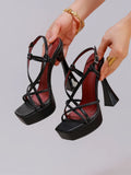 2027 New Arrival Weave Narrow Band Back Buckle Strap Women Platform Sandals Strange High Heels  Party Dress Shoes Size 42