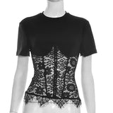 FDYOUI Woman Clothing Lace Patchwork Corset T-shirt 2026 Elegant Sexy Short Sleeve See-through Black Tops Y2K Girls T-shirts