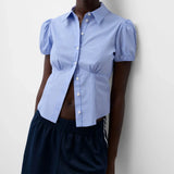Chic Solid Color/Striped Print Button Down Tops Women Puff Sleeve Lapel Collar Slim Fit Shirts Summer Blouses