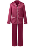 Women's Satin Two Pieces Pajama Sets Fashionable Contrast Color Trim Long Sleeve Button Down Tops with Pants Soft Sleepwear