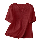 Women Summer Loose Embroidered V Neck Solid Color Short Sleeved Comfortable Button Down Shirt Top женская одежда