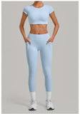 Women's Seamless Yoga Sets Sports Running High Waist Hip-lifting Pants Backless Short-sleeve Suits Workout Fitness Leggings Sets