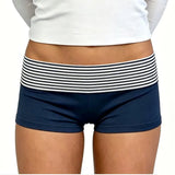 2026 Summer Women Striped Over Fold Shorts Elastic Waist Skinny Short Pants  Daily Casual Lounge Jogging Shorts