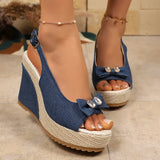 Retro Denim Wedge Heeled Sandals Women Plus Size 43 Bowknot Chunky Platform Sandalias Mujer Back Strap Thick Sole Summer Sandles
