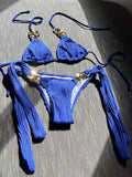 Halter Metal Rings Bikinis Wrinkled Bikini Female Swimsuit Women Swimwear Two-pieces Bikini Set High Cut Bathing Suit Swim Lady