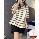 Large Size with Cushion Pajamas Women Summer Loose Striped School Leisure Homewear Two-Piece Set Green Korean Fashion Sleepwear