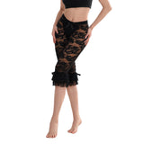 Women Summer Lace Ruffle Capri Leggings Solid Color Sheer Mesh Elastic High Waist See Through Pants