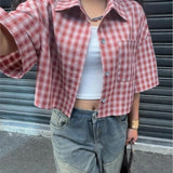 Casual Shirts Shirts & Blouses Women's Clothing Simple Style Street Personality Contrast Lattice Quarter Sleeves Fashion Trendy
