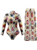 S - XXL New One Piece Swimsuit Women Swimwear Female Padded Bather Bathing Suit Swim With Pants Zipper Printed Long Sleeve K8113