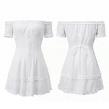 Women Summer White Dress Trim Off Shoulder Short Sleeve Button-up A-line Mini Dresses for Daily Office Party