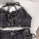 DEKA Retro Women Bikini Denim Suits Summer Halter Camis+ Mini Pant Lingerie Fashion Vacation Swimsuits Sexy Bra&Briefs Sets