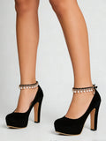 2026 Big Size 33-43 Classic Black Office Lady Beading Ankle Strap Platform Pumps Elegant Red 12cm Party High Heels Shoes Women
