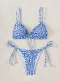 Sexy Floral Print Micro Bikinis Sets Two Pieces Blue Porcelain Swimwear Drawstring Swimsuit Women Biquini Thong Bathing Suits