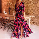 Spring Summer Printed Dress Short Sleeved Deep V-neck Slimming Waist Long Dresses Temperament Slit Dresses Vestidos Para Mujer