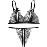 Floral Lace Sexy Lingerie Bow Open Split Cup Intimates Bra And Thongs Sets Crotchless Naughty Porn Sex Outfit Women's Underwear