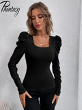 Phantasy New Y2k Tops Fashion Square Collar Slim Leg Sleeve Knitted Bubble Long Sleeve T-shirt Casual Style Vintage Clothing