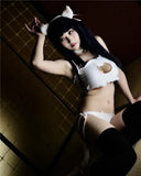 Anime Maid Cat Girl Cosplay Women Sexy Lingerie Miku Kawaii Bra Strappy Briefs Set Neko Embroidery Footprints Ear/Choker