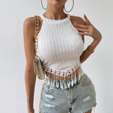 Women's Summer Vest Tassel Hem Sleeveless Cold Shoulder Fashionable Slim Tank Tops casual Y2K Chic Tops