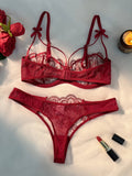 Red Floral Lace Lingerie Set Sheer Mesh Underwire Bra With Bow & Thong Women Sexy Underwear ZA824057