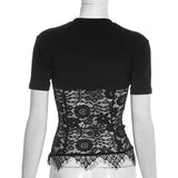 FDYOUI Woman Clothing Lace Patchwork Corset T-shirt 2026 Elegant Sexy Short Sleeve See-through Black Tops Y2K Girls T-shirts