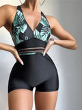 New V Neck Leaves Printed Shorts One Piece Swimsuit Women Swimwear Female Monokini Padded Bather Bathing Suit Swim Lady K4142
