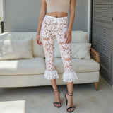 Women Summer Lace Ruffle Capri Leggings Solid Color Sheer Mesh Elastic High Waist See Through Pants