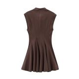Foridol Stand Collar Sleeveless Pleated Tank Dress for Women Brown Casual Short Autumn Winter Dress Zip Black Ladies Vestidos