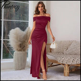 Elegant Satin Solid Color Off-Shoulder Women's Long Dress Sexy High-Waisted Flim Slit Pleated Dress for Lady Party Wedding