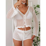 V Neck Long Sleeve Hollow Out Crochet Knitted Tunic Beach Dress Beach Wear Beachwear Beach Cover Up Cover-upsFemale Women V7192