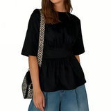 2026 Summer Women's Peplum Tops Casual Elegant Stylish Bow Backless Loose Shirts Crew Neck Elbow Sleeve Blouse