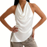 Women’s Solid Color Satin Cowl Neck Halter Tops Summer Fashionable Backless Slim Fit Going Out Vest
