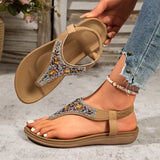 Fashion Rhinestone Bohemian Sandals Women 2025 Summer Clip Toe Flats Beach Sandles Woman Non Slip Elastic Band Sandalias Mujer