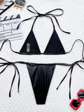 DEKA Mini PU black Micro Bikini Set Triangle Swimwear Women Shiny Thong Swimsuit Swim Wear Halter Two Peice Beachwear